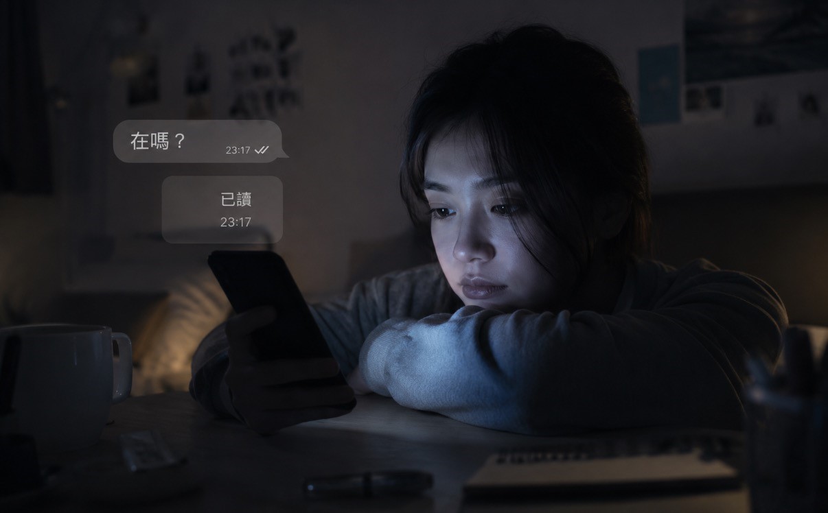 女子深夜盯著手機,等待對方回覆已讀訊息的焦慮心情
