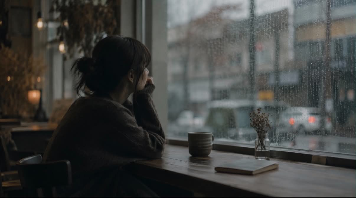 女生坐在下雨天的咖啡廳裡望向窗外，陷入沉思，象徵在感情中等待與期待