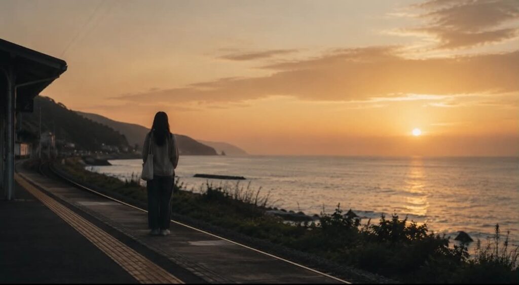 女生站在夕陽下的海邊車站月台，獨自望向遠方，象徵學會活在當下、正視現實
