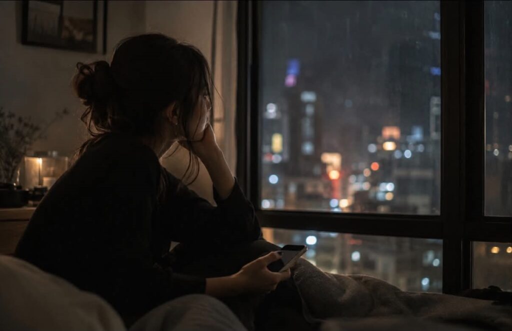 女子深夜獨自坐在窗邊滑手機,望向城市燈火陷入沉思