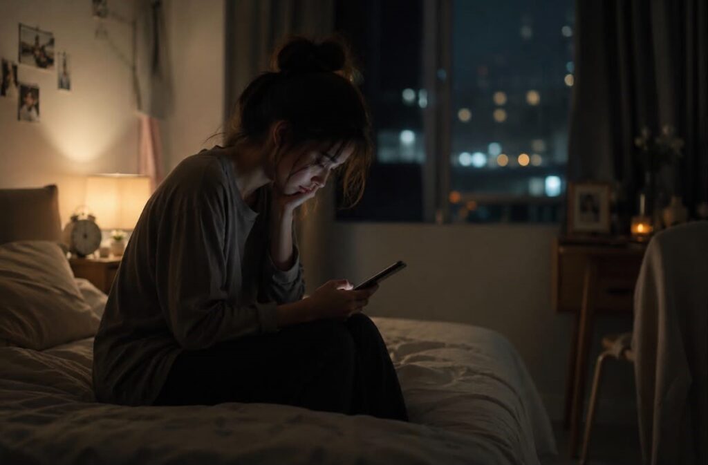 女子深夜獨自坐在床邊滑手機,反覆回想過去對話的心情