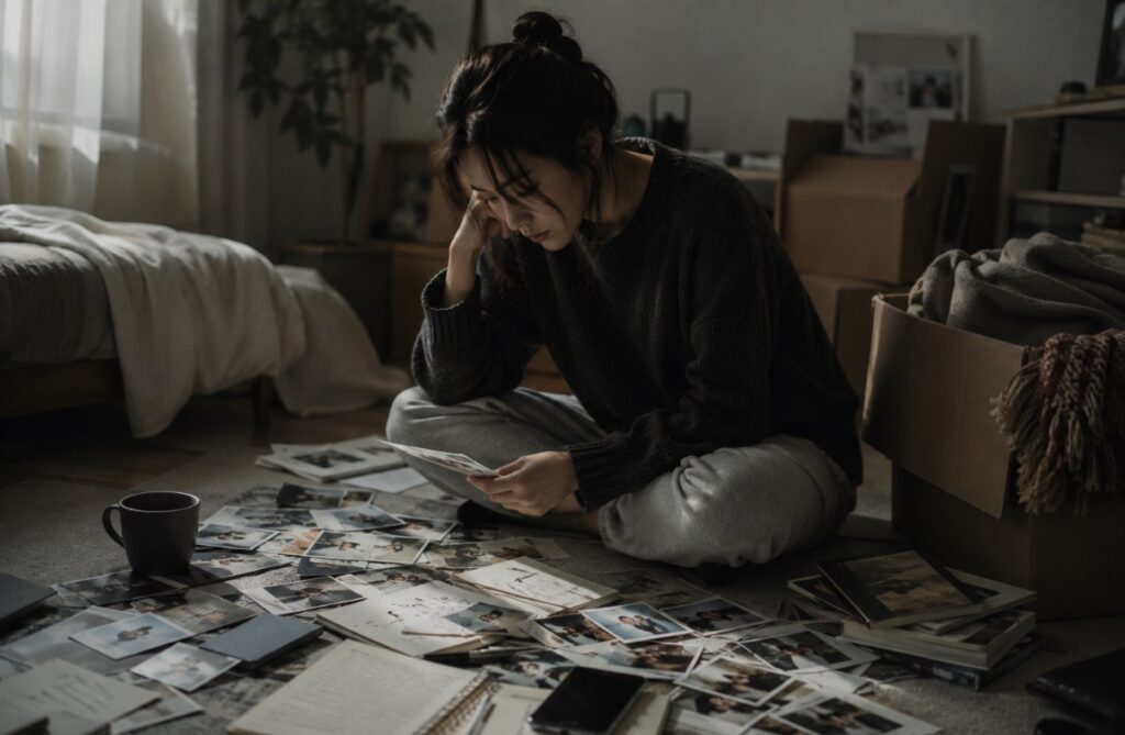 女子坐在滿地照片中托腮沉思,反覆回想過去的細節