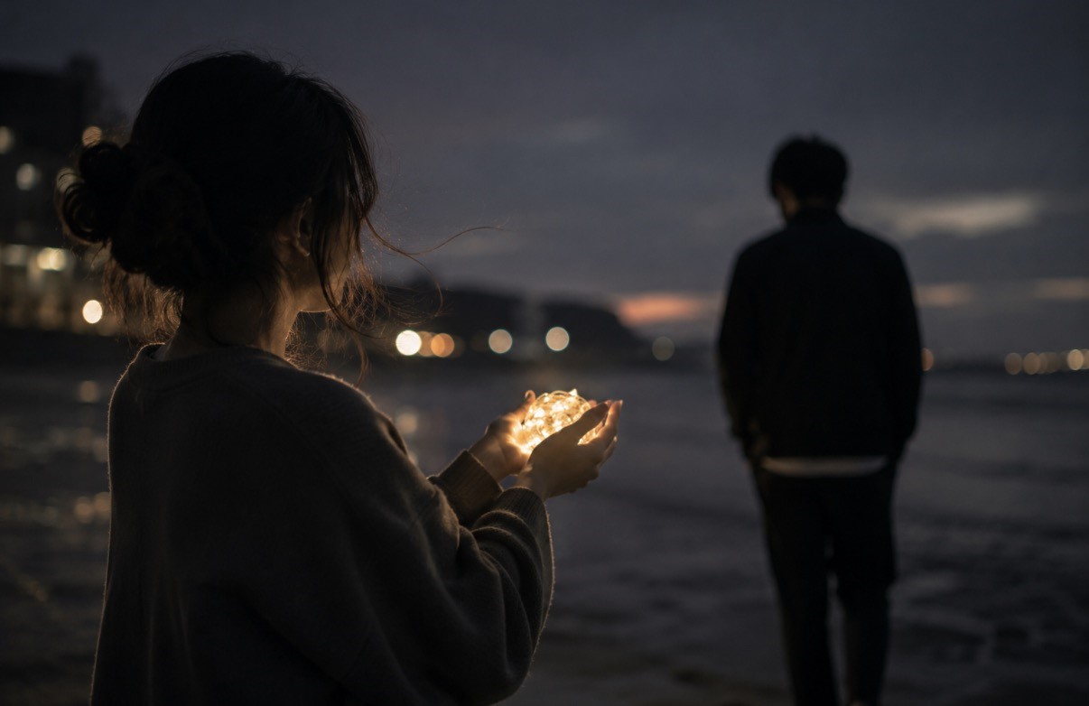 分手後他有難過嗎?女子捧著微光,男子背影漸行漸遠