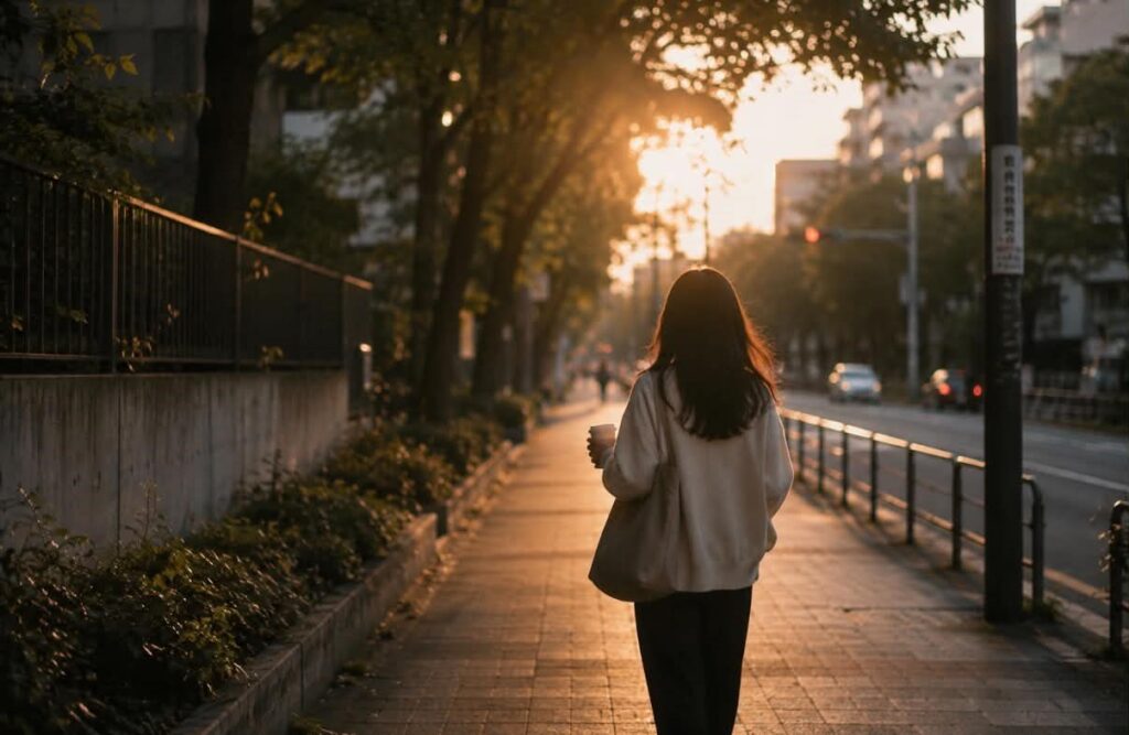 女子拿著咖啡走在城市街道上,象徵回歸日常生活的步調
