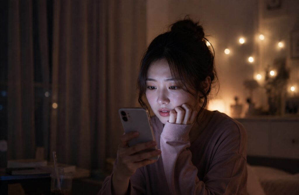 女子盯著手機螢幕,神情混合期待與焦慮
