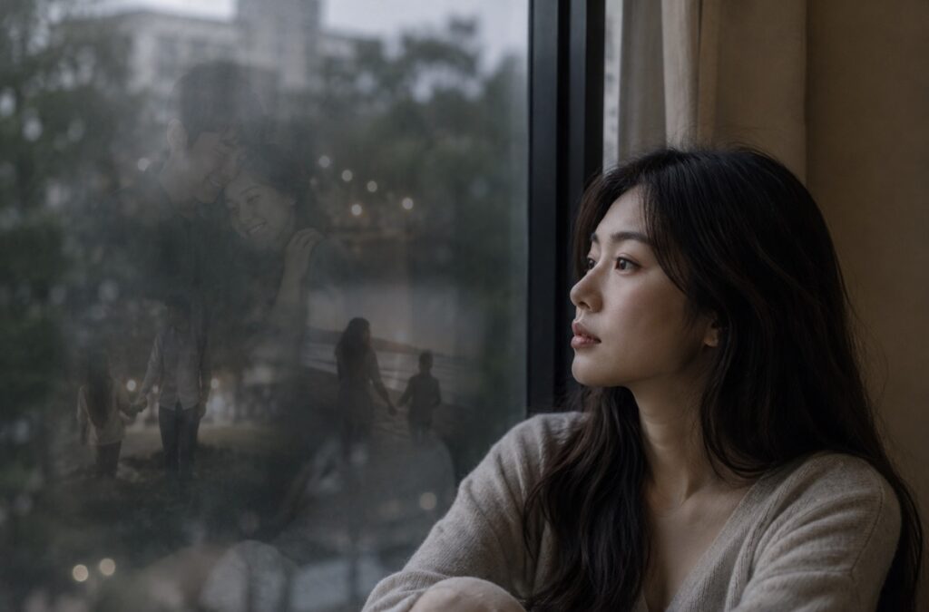 女子望向窗外,玻璃上映著模糊的過往回憶,神情平靜