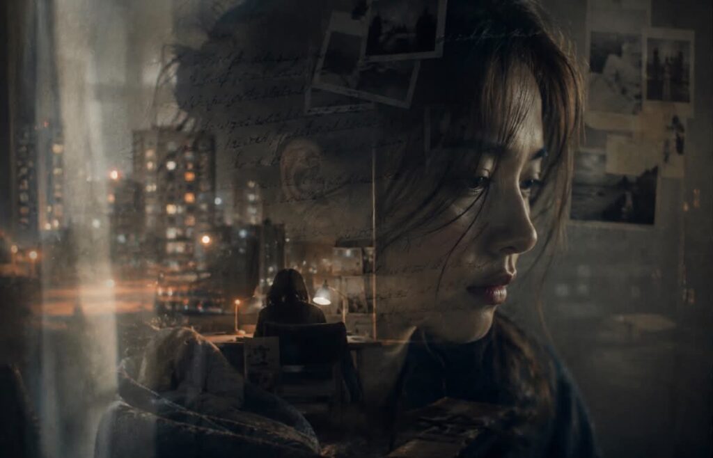 女子側臉與城市夜景、舊照片重疊,象徵反覆浮現的回憶與思念