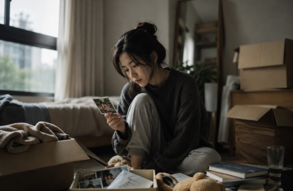 女子專注端詳手中照片,身旁紙箱象徵準備整理過去、繼續前行