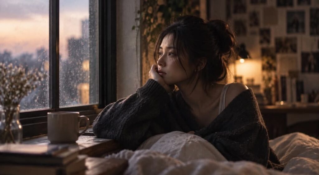 女子倚窗托腮望向雨天窗外,陷入分手後反覆思索的沉思
