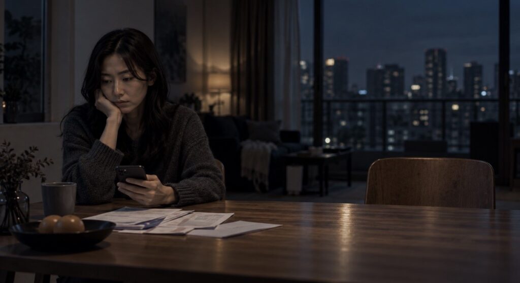 女子盯著手機轉帳紀錄,神情複雜陷入思索