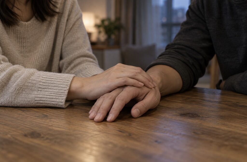 女子將手輕輕覆在伴侶的手上,象徵接住對方情緒的溫柔陪伴
