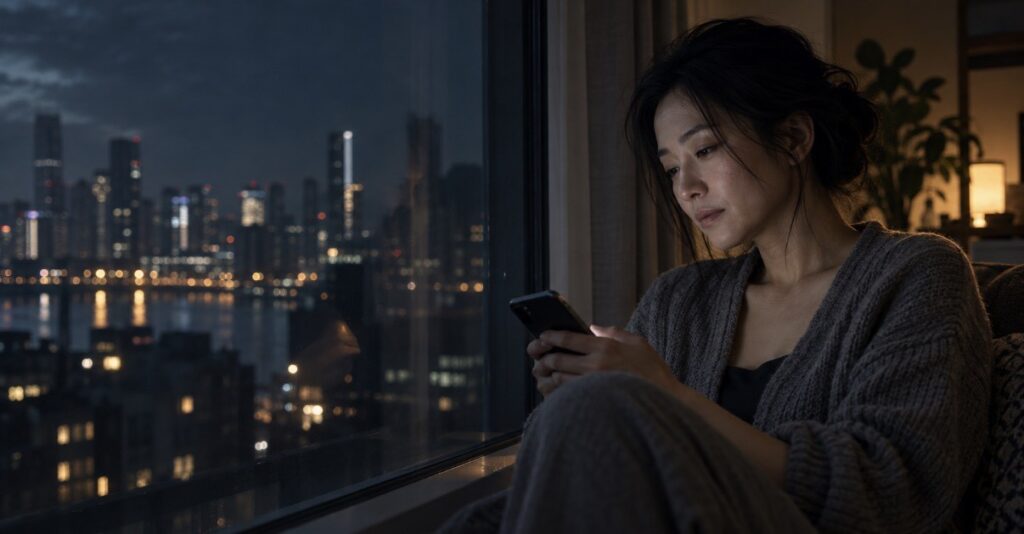 女子深夜盯著手機訊息,神情專注陷入疑慮